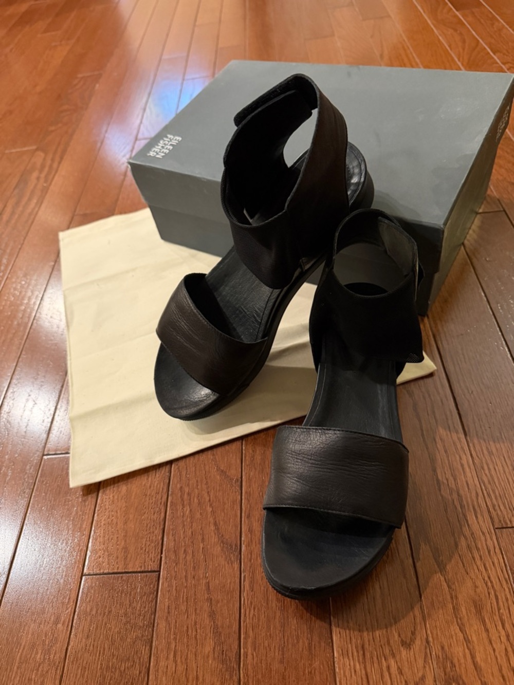 Eileen Fisher Black Leather/Mesh Women's Comfort Sandal low wedge